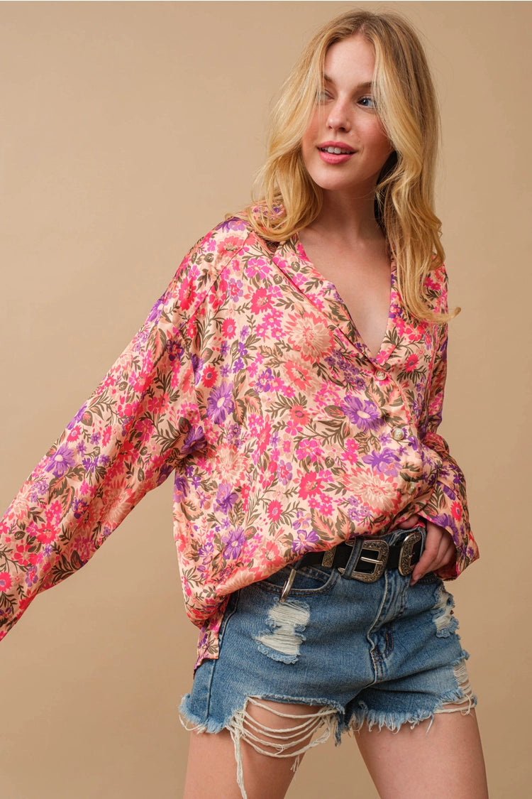 Floral Elegance Satin Bliss Blouse - Beige Multi