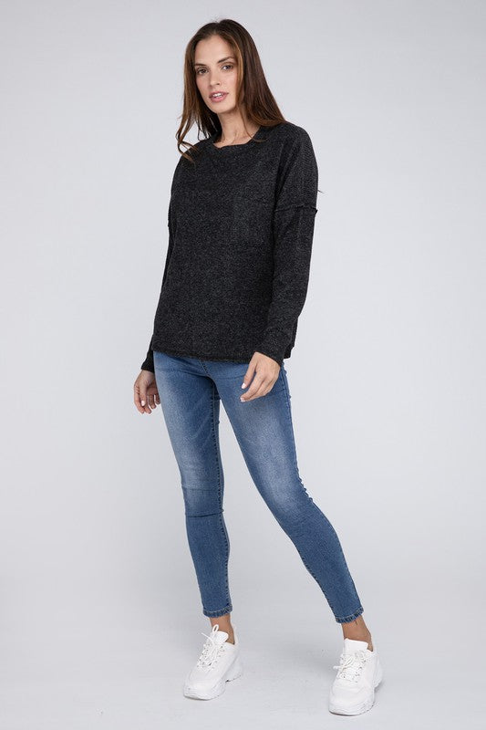 Ribbed Brushed Melange Hacci Sweater with a Pocket