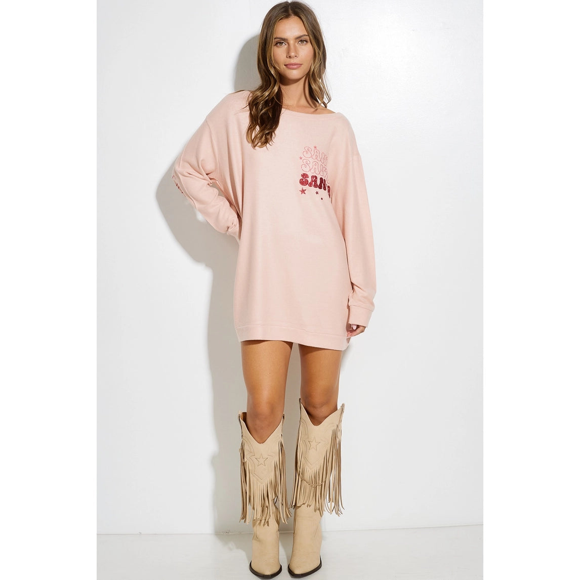 Santa Glitter Print Long Sleeve Tunic Pink