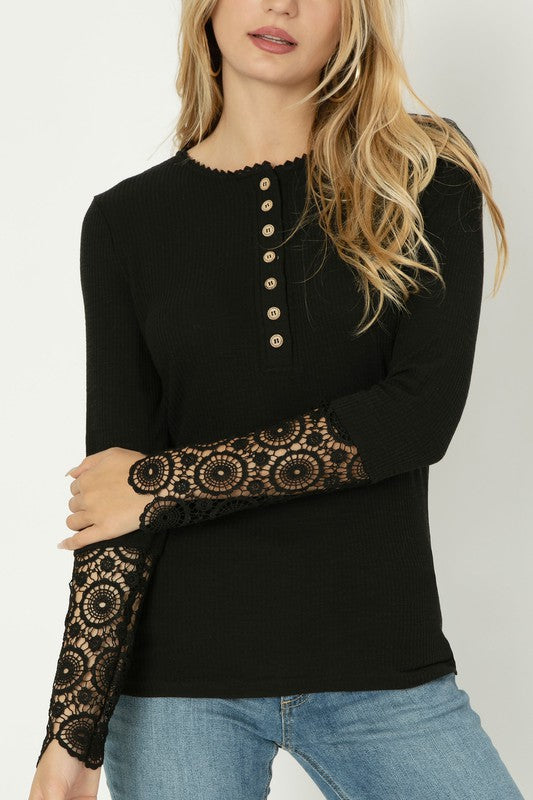 Henley Neck Tee with Lace Trim - 2 colors