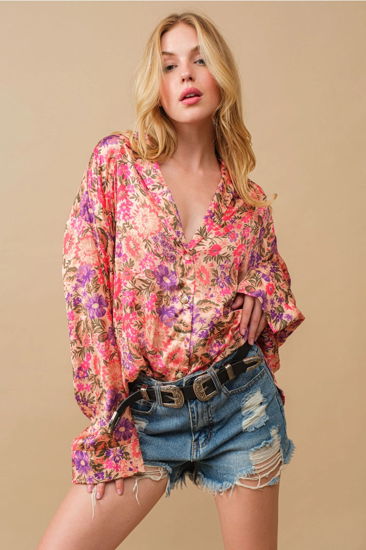 Floral Elegance Satin Bliss Blouse - Beige Multi