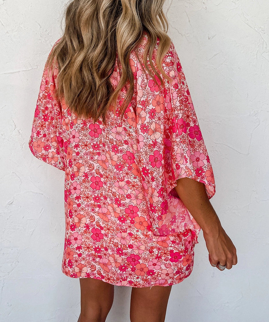 Whimsical Bloom V-Neck Kimono Blouse