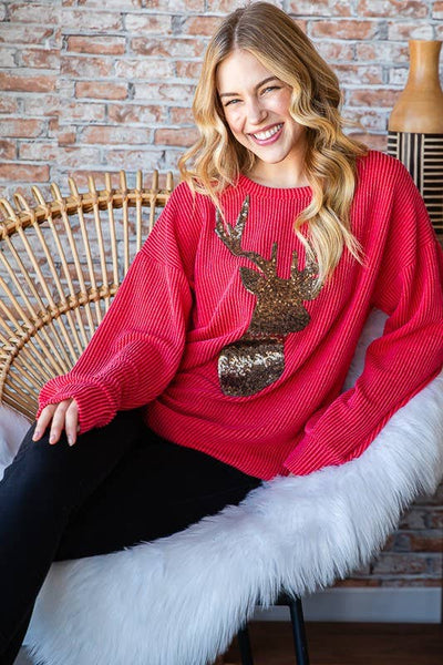 Christmas Sequin Reindeer Ribbed Top