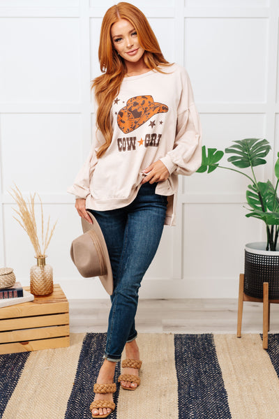 Cow Girl Graphic Pullover in Stone