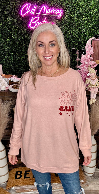 Santa Glitter Print Long Sleeve Tunic Pink