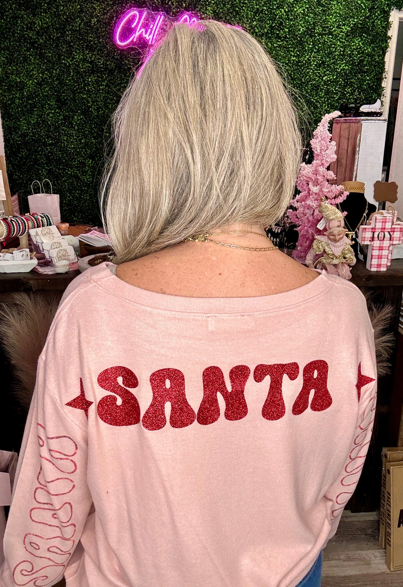 Santa Glitter Print Long Sleeve Tunic Pink