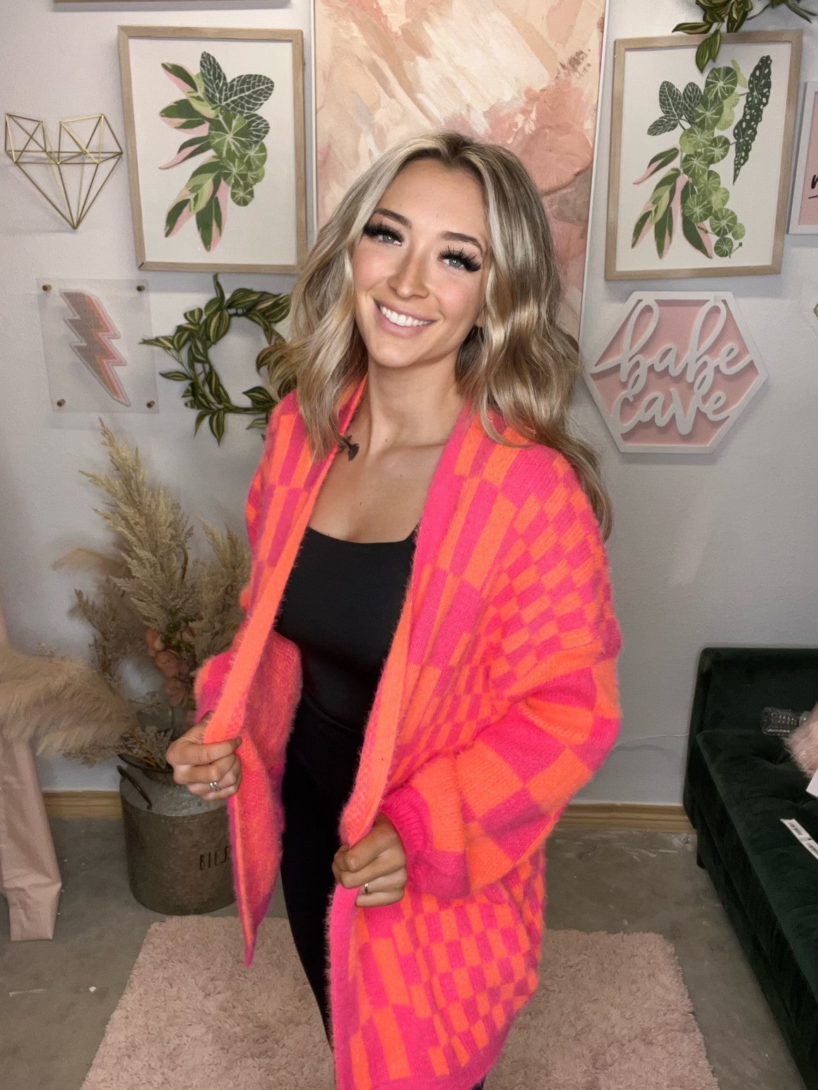 Noticed in Neon Checkered Cardigan in Pink and Orange