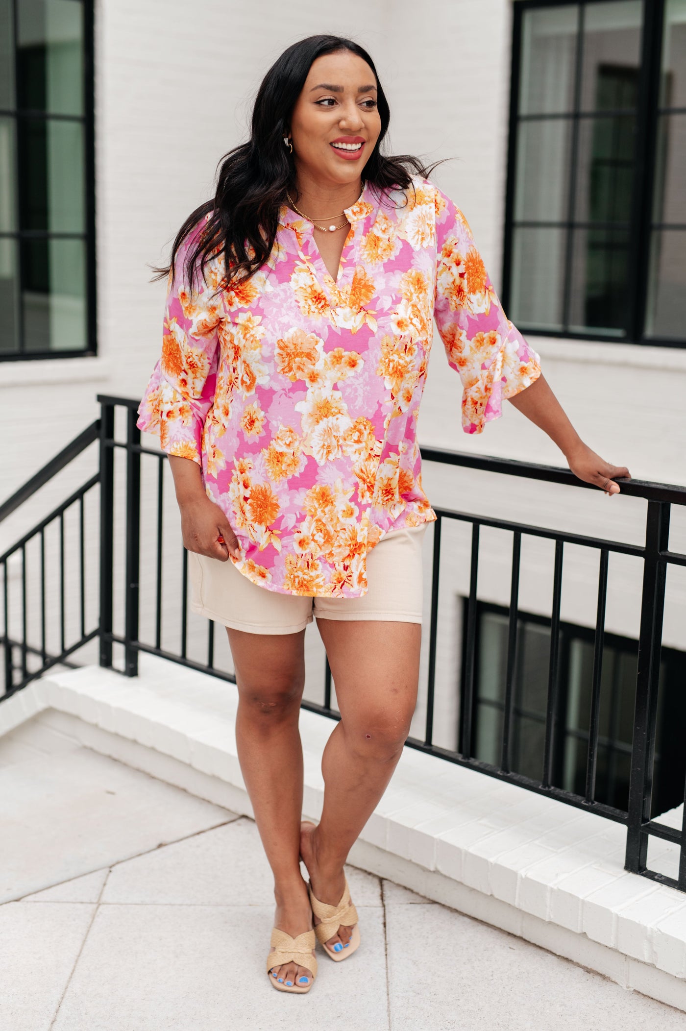 Lizzy Bell Sleeve Top in Pink and Gold Floral