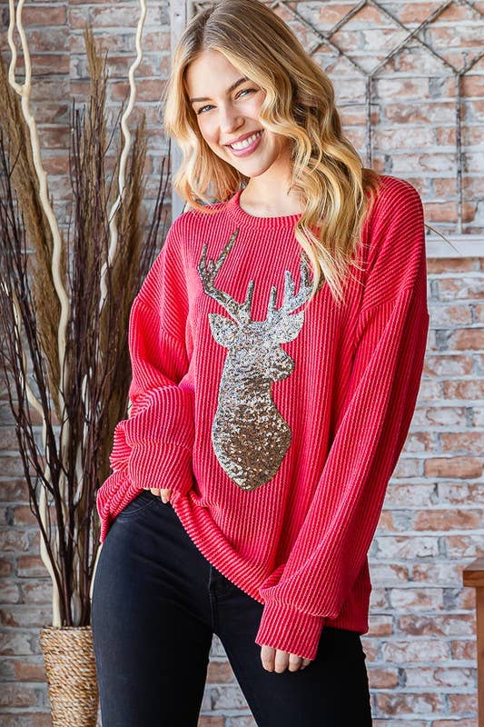 Christmas Sequin Reindeer Ribbed Top