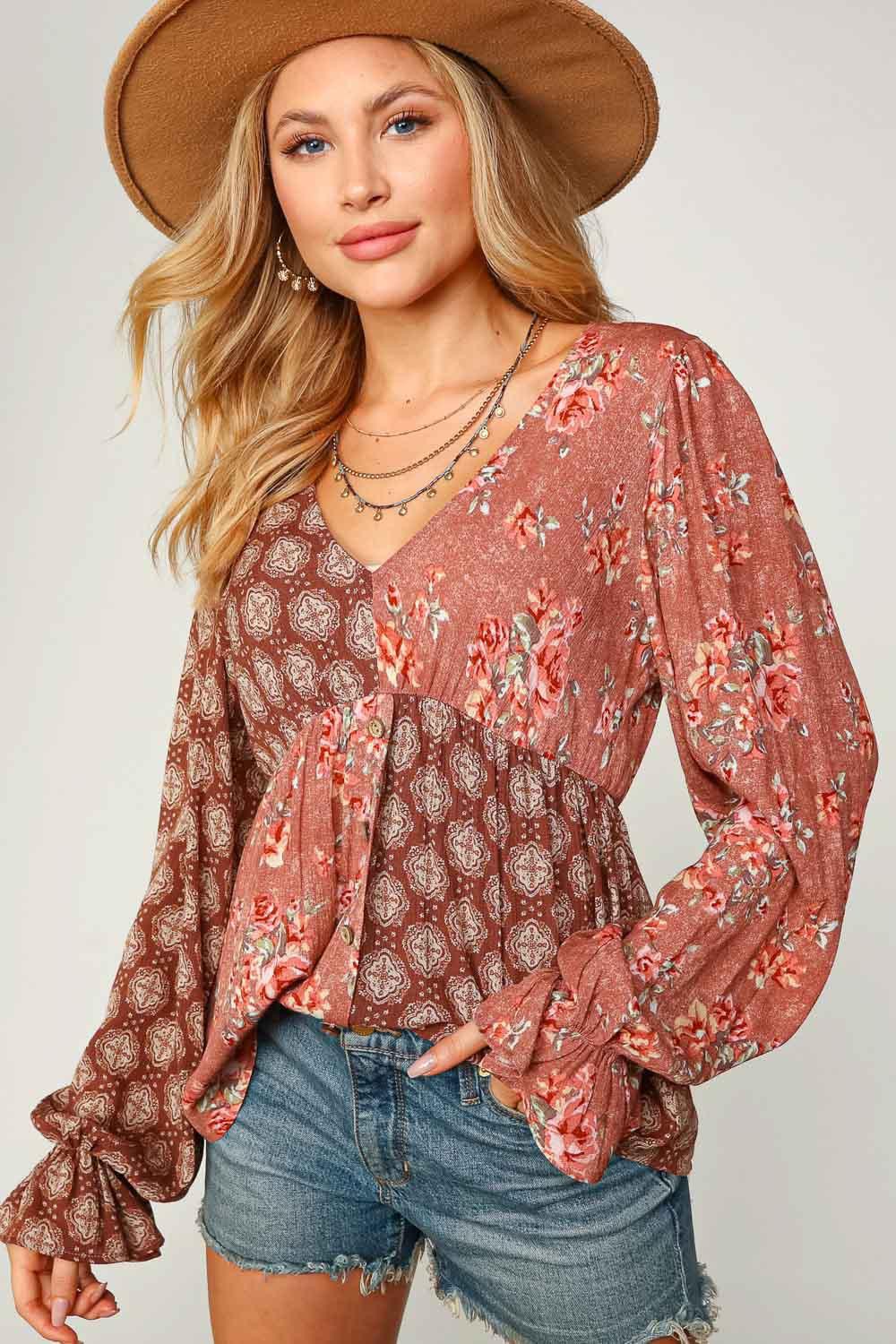 Floral Print Color Block Top