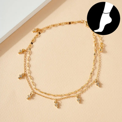 Double Layered Cross Charm Anklet - Gold