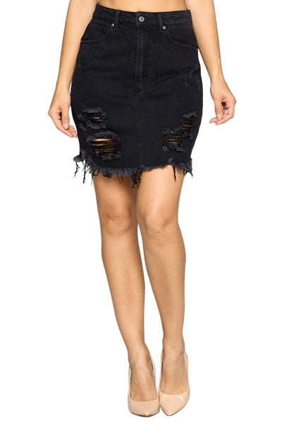 Distressed Denim Skirt - Black